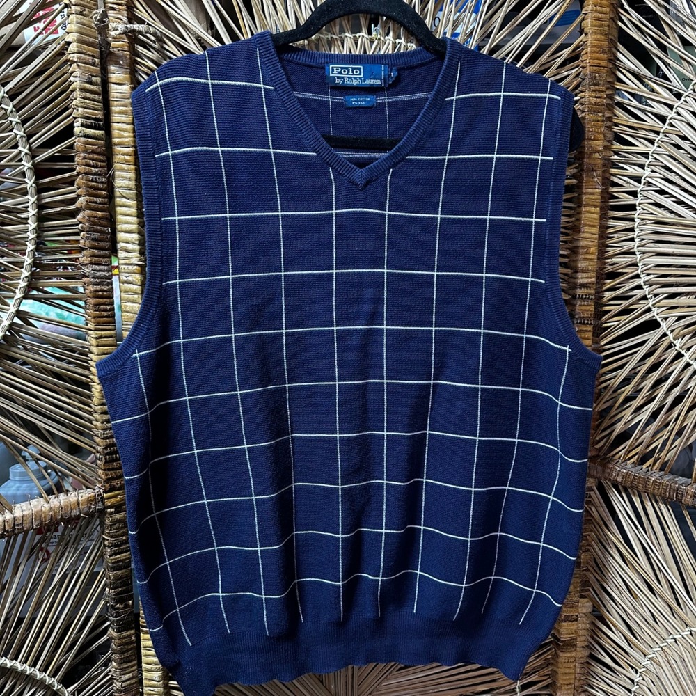 Polo Ralph Lauren‎ Mens Navy Blue Silk Cotton Windowpane V-Neck Sweater Vest XL